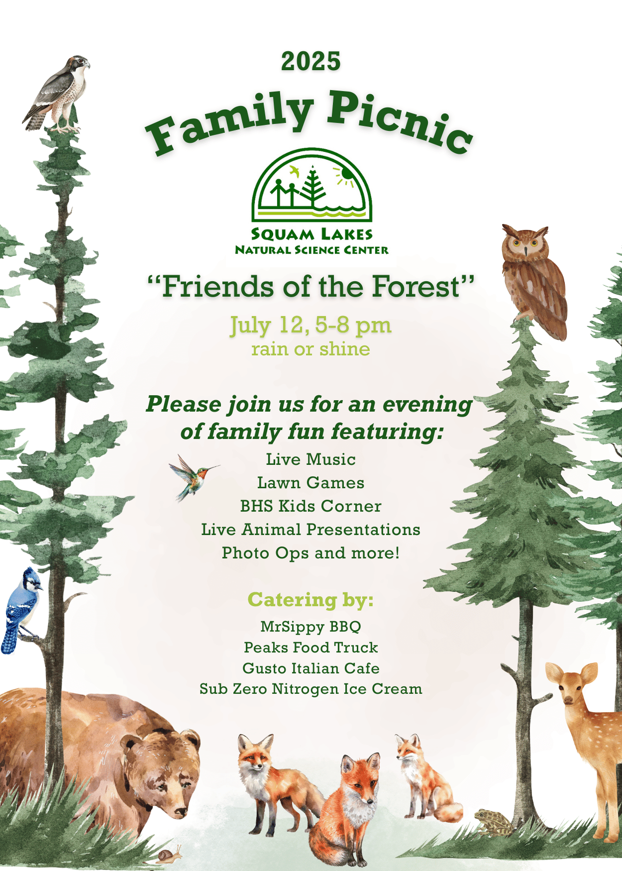 2025 Family Picnic: Friends of the Forest The Family Picnic features food trucks, live animal programs, ice cream, lawn games, live music by the Audrey Drake Band, and more in a fun, casual atmosphere for all ages. All food and drinks are included in the ticket price and include food from MrSippy BBQ, Gusto Italian Cafe, Peak Food Truck, and SubZero Nitrogen Ice Cream. Open bar includes beer and wine.